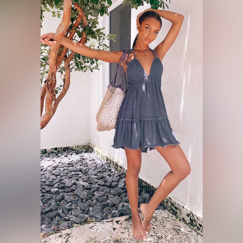Lulu's Slate Gray Backless Halter Tiered Mini Dress - Picture 5 of 11